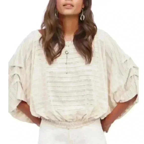 Free People Azalea Eyelet Blouse Large Slouchy Crochet Elastic Waist - Picture 2 of 10